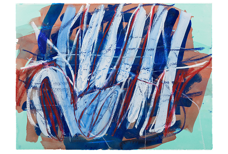 Double decked   2014  watercolor/oil pastel on paper    26x40&rdquo; 